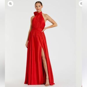 NWT Mac Duggal Red Soft Tie Halter Neck High Slit Gown dress rosette chiffon 0